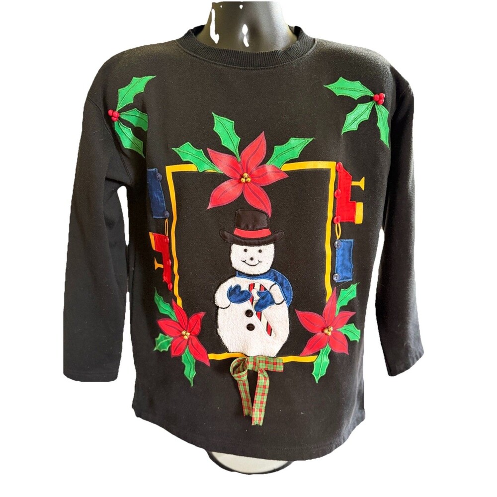 RARE! Vintage Spice Of Life Snowman Poinsettias Christmas Black Sweatshirt SM